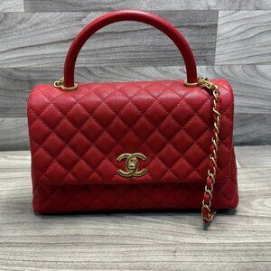 CHANEL Medium Lizard-Trim Coco Handle Caviar Quilted Red Flap Bag